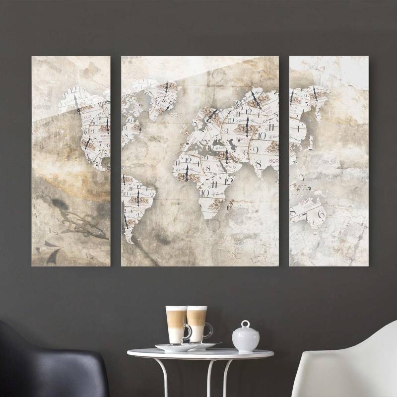 3-teiliges Glasbild - Querformat Shabby Uhren Weltkarte