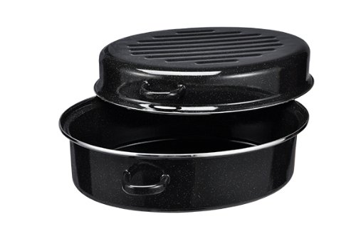 38 CM GANSBRÄTER MIT EDELSTAHLRING GÄNSEBRÄTER GANSTOPF GÄNSETOPF GANS - GÄNSE TOPF EMAILLE EMAILE IN SCHWARZ von Haushalt International