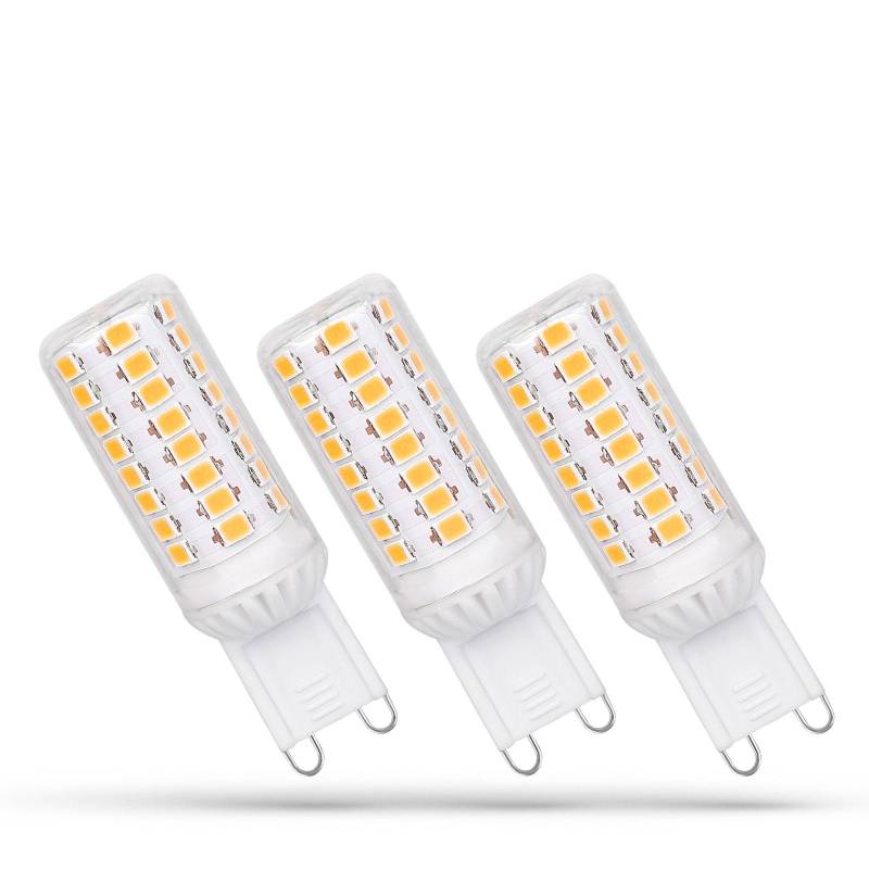 3er Set SpectrumLED® G9 / GU9 LED Leuchtmittel dimmbar 4W = 35 Watt 410 Lumen 3000K warmweiß Winkel 270º Länge 58 mm