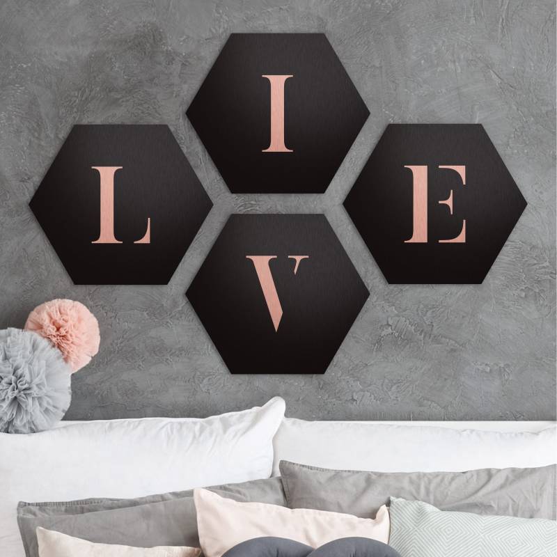 4-teiliges Hexagon-Alu-Dibond Bild Buchstaben LIVE Weiß Set II