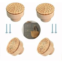 4er Set Rattan Möbelknöpfe - Bohemian Style - Möbelknöpfe - Holz - Vintage Style