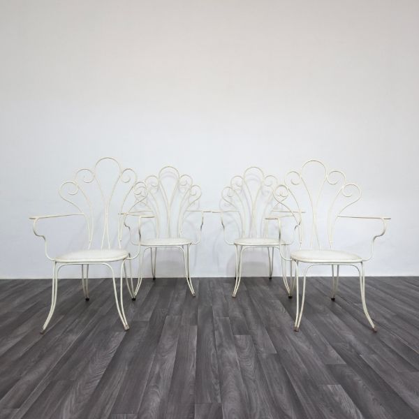 4er Set Vintage Gartenstühle aus weißem Schmiedeeisen (1950er Jahre),