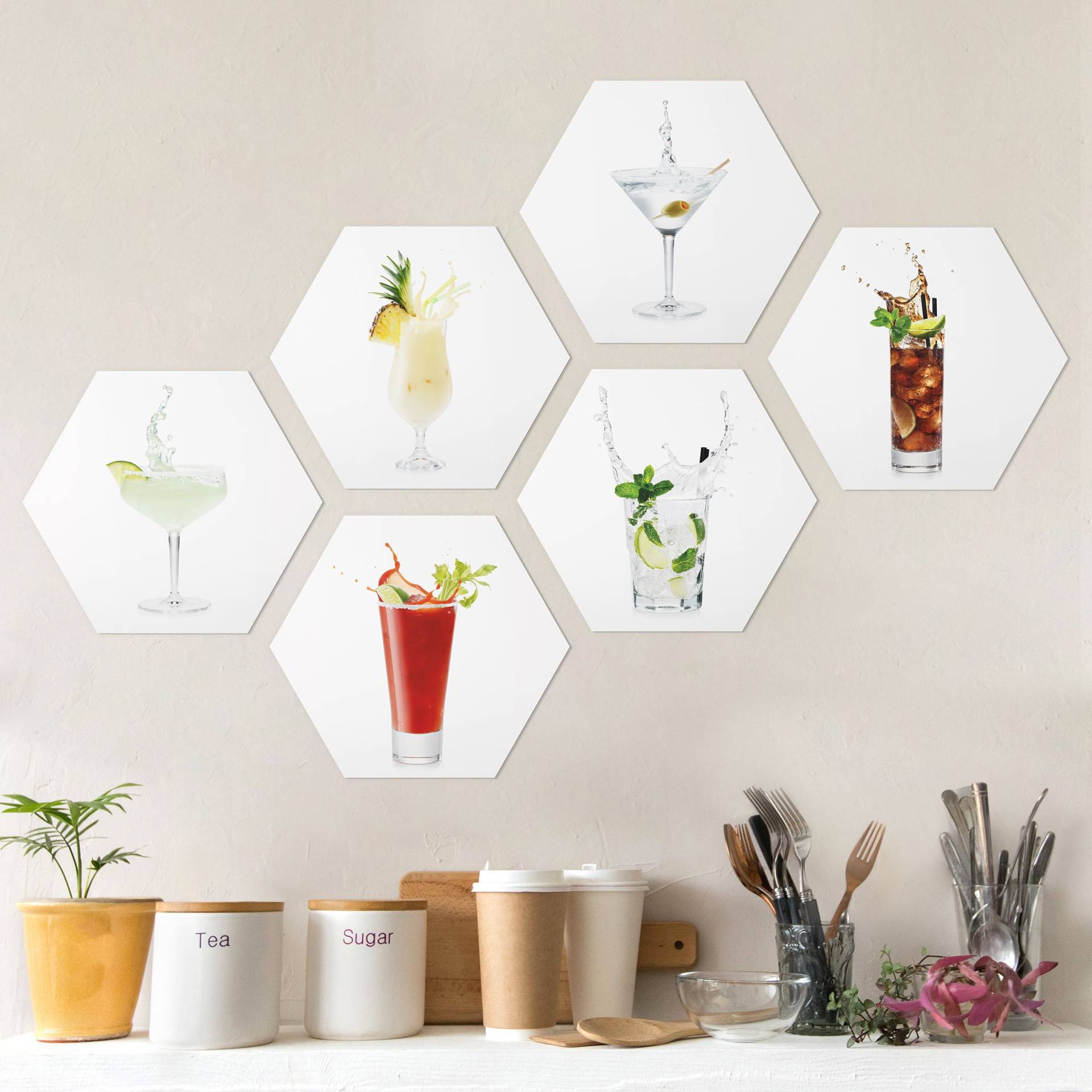 6-teiliges Hexagon-Alu-Dibond Bild Cocktail Splash Set II 6-teiliges Hexagon-Alu-Dibond Bild Cocktail Splash Set II