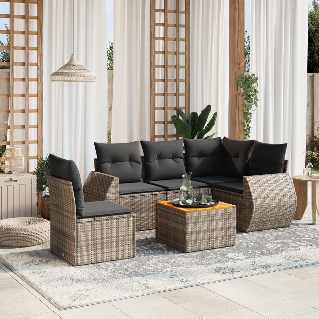 6-tlg. Garten-Sofagarnitur mit Kissen Grau Poly Rattan Grau 2x middle + table + 1x corner 1 6-tlg. Garten-Sofagarnitur mit Kissen Grau Poly Rattan Grau 2x middle + table + 1x corner 1