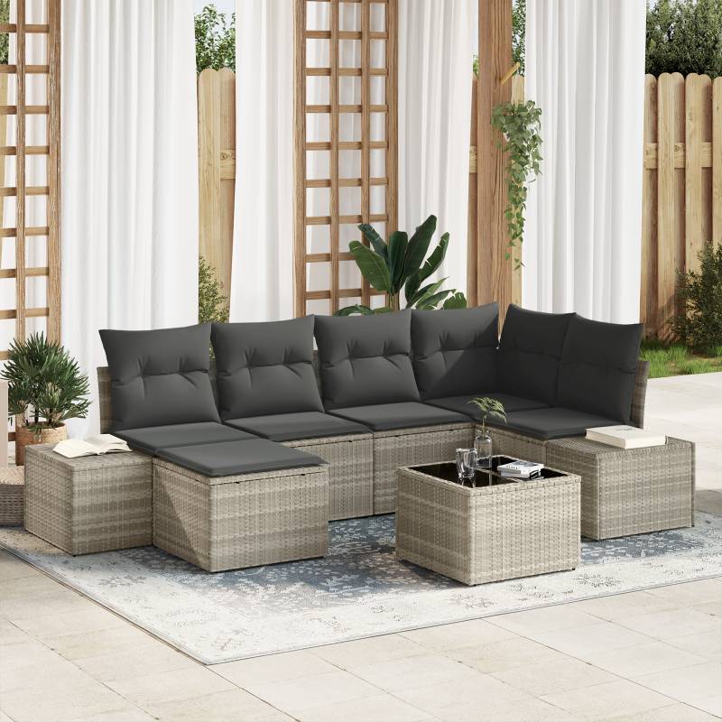 7-teiliges Garten Sofa Set mit Kissen Graues Poly Rattan