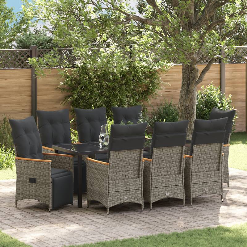 9-teiliges Garten-Dining-Set mit Kissen in Grau Poly-Rattan