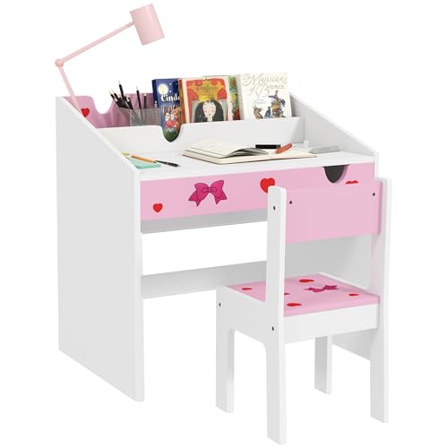 AIYAPLAY Kinderschreibtisch und Stuhl Set +3 Jahre Kinderschreibtisch mit ausziehbarer Schublade und Fächer für Schlafzimmer Arbeitszimmer Rosa und Weiß AIYAPLAY Kinderschreibtisch und Stuhl Set +3 Jahre Kinderschreibtisch mit ausziehbarer Schublade und Fächer für Schlafzimmer Arbeitszimmer Rosa und Weiß