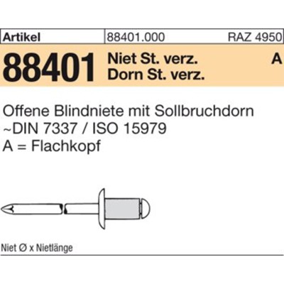 ART 88401 Blindniete St. verz. FLAKO A 6,4 x 25 S ART 88401 Blindniete St. verz. FLAKO A 6,4 x 25 S von Nobrand