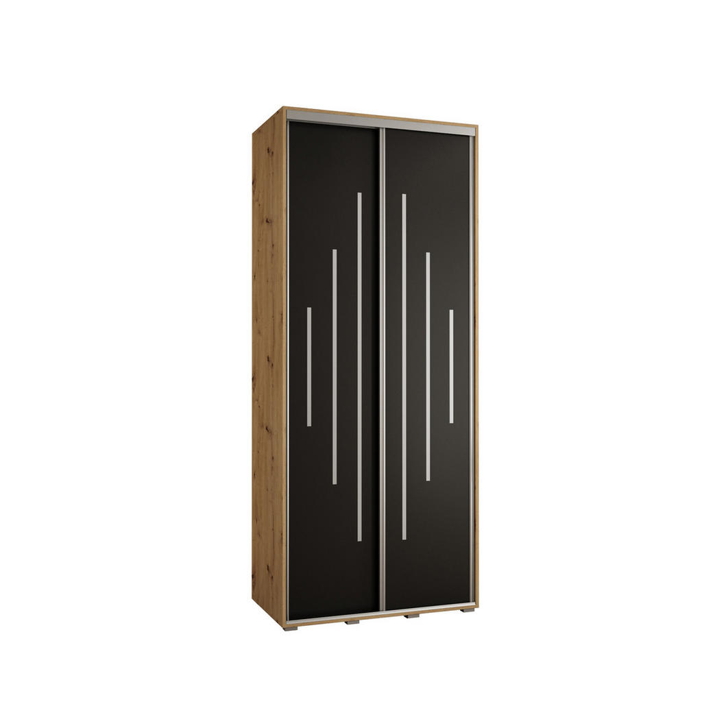 Abiks Möbel SCHWEBETÜRENSCHRANK Eiche Artisan, Schwarz, Silber