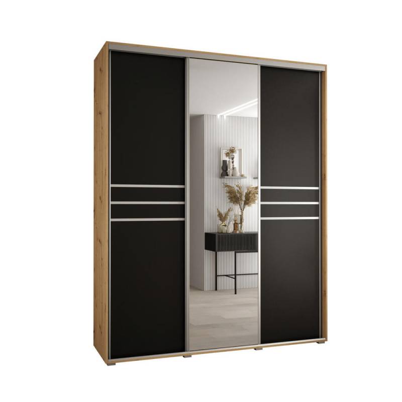 Abiks Möbel SCHWEBETÜRENSCHRANK Eiche Artisan, Schwarz, Silber