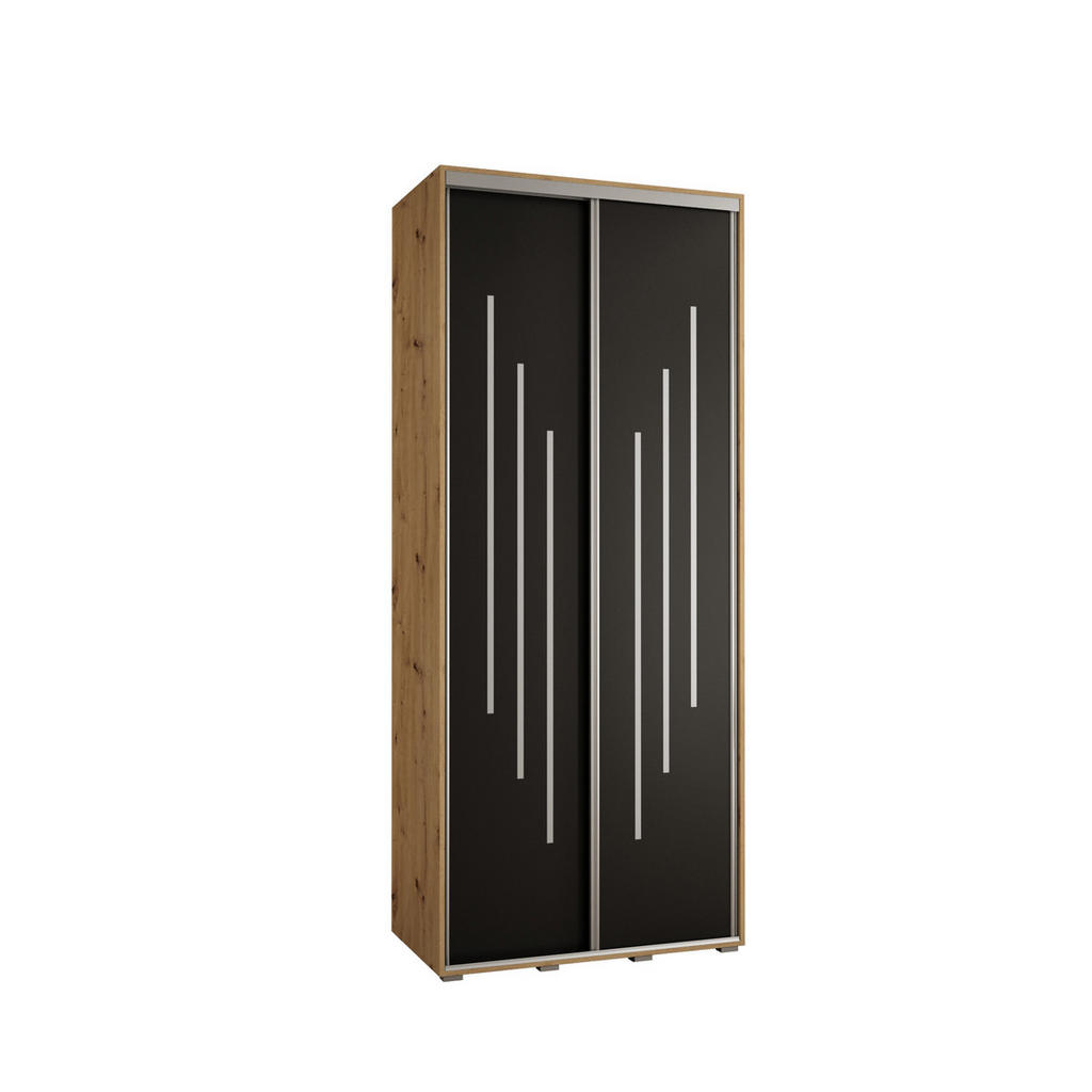 Abiks Möbel SCHWEBETÜRENSCHRANK Eiche Artisan, Schwarz, Silber