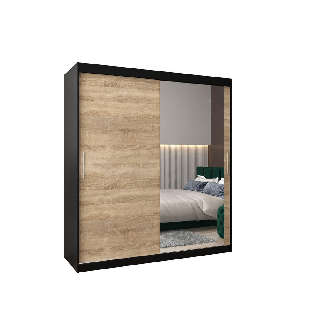 Abiks Möbel SCHWEBETÜRENSCHRANK Schwarz, Sonoma Eiche