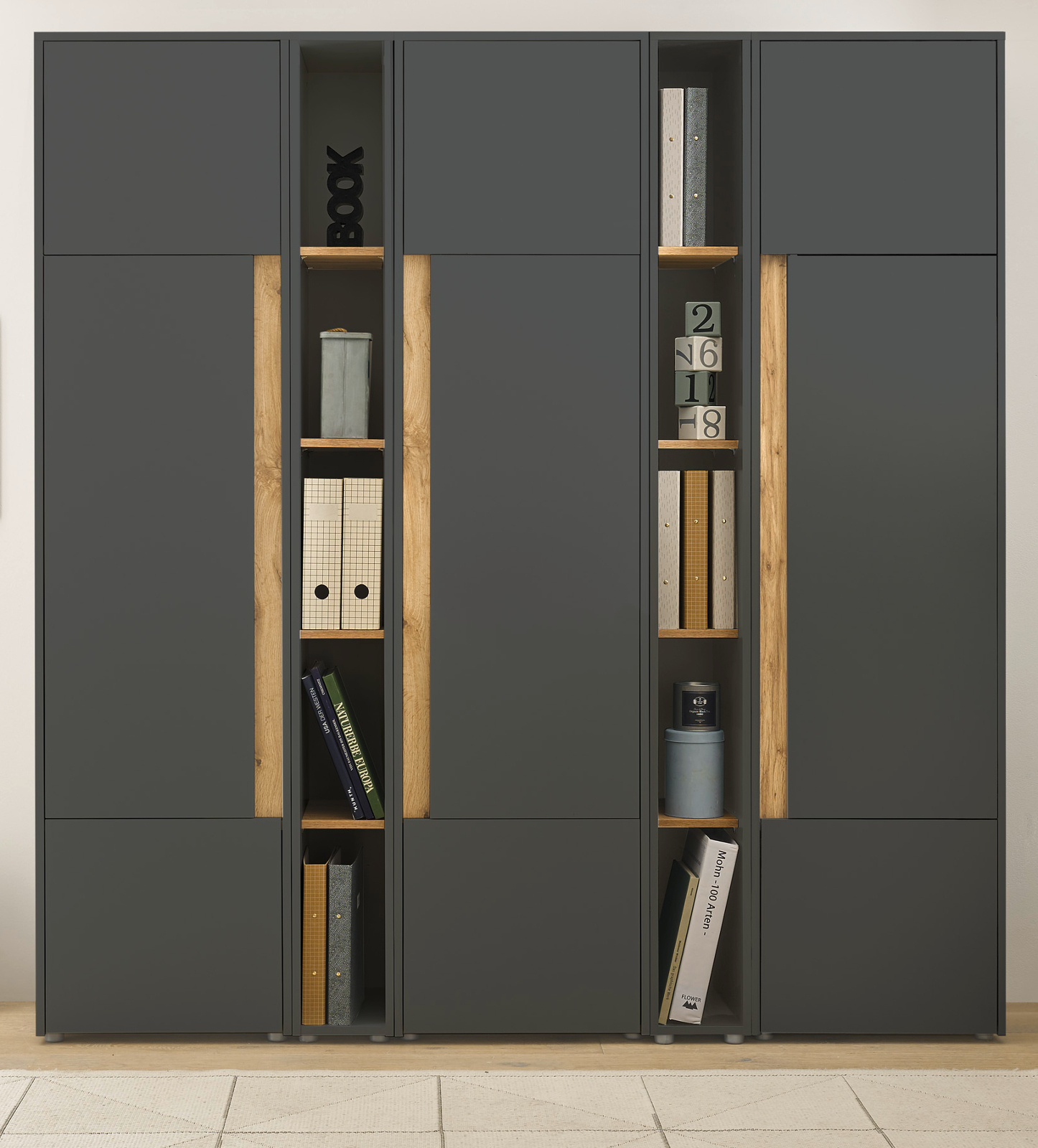 Aktenschrank Set "Center" in grau mit Wotan Eiche 3x Schrank und 2x Regal Büro und Homeoffice 190 x 200 cm