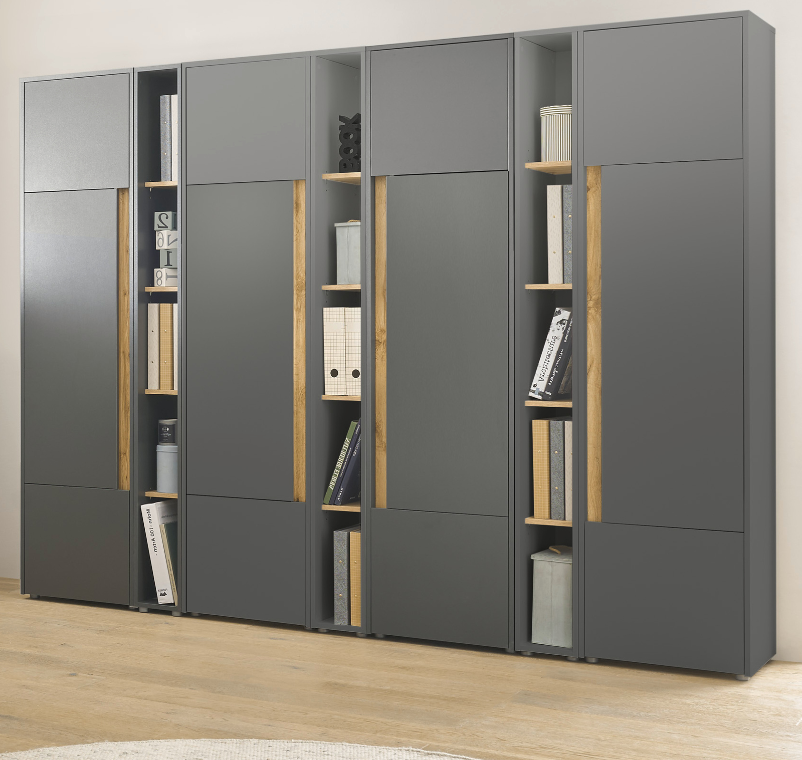 Aktenschrank Set "Center" in grau mit Wotan Eiche 4x Schrank und 3x Regal Büro Homeoffice 260 cm