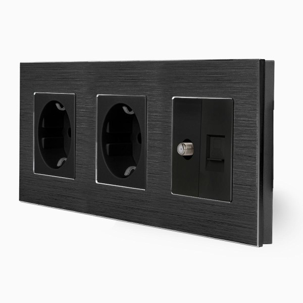 Alu 3-fache Steckdose  + SAT/LAN Schwarz LXBA3/71-Sat-Netzw-12 LUXUS-TIME