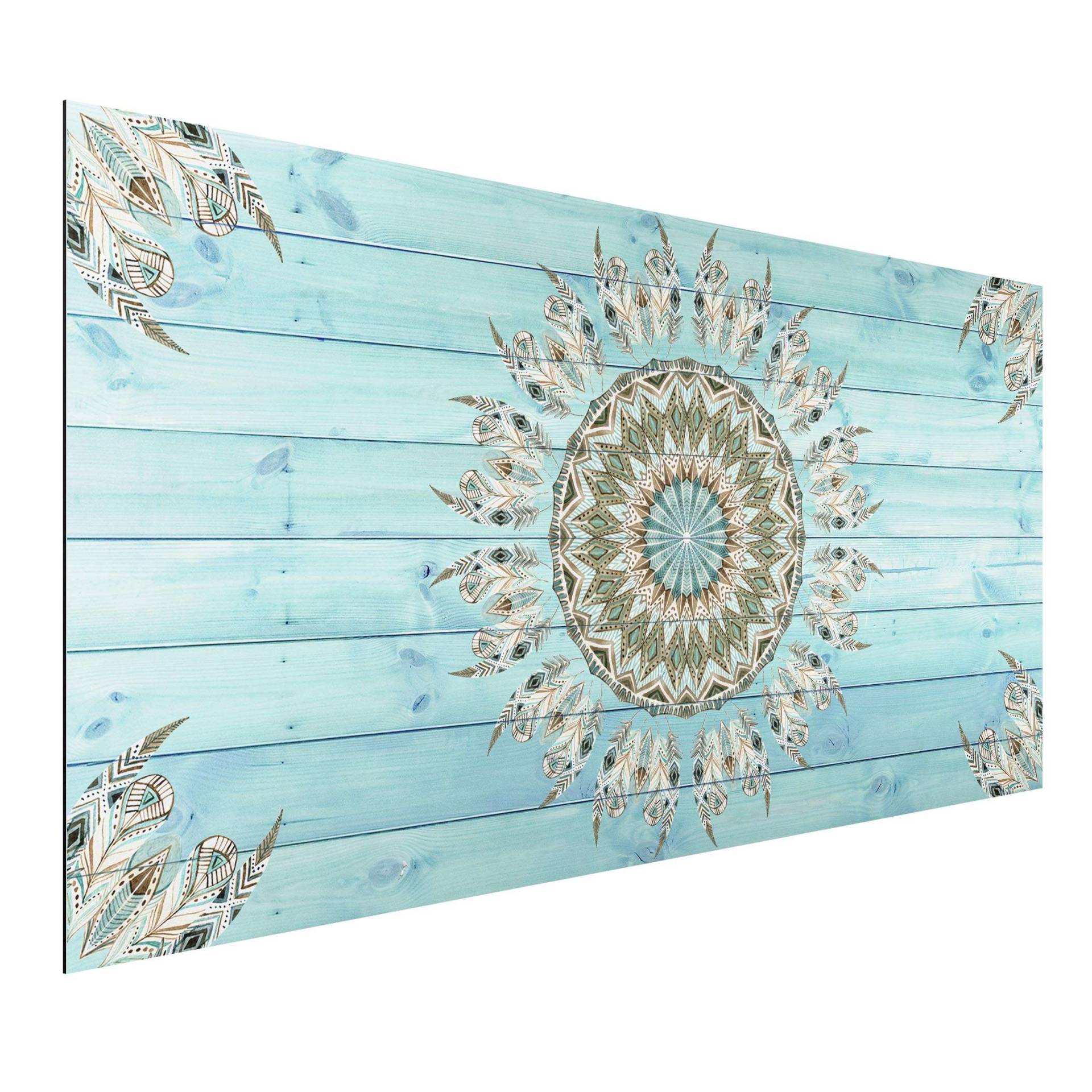 Alu-Dibond Outdoor Bild Mandala Aquarell Federn blau grün auf Planke Alu-Dibond Outdoor Bild Mandala Aquarell Federn blau grün auf Planke