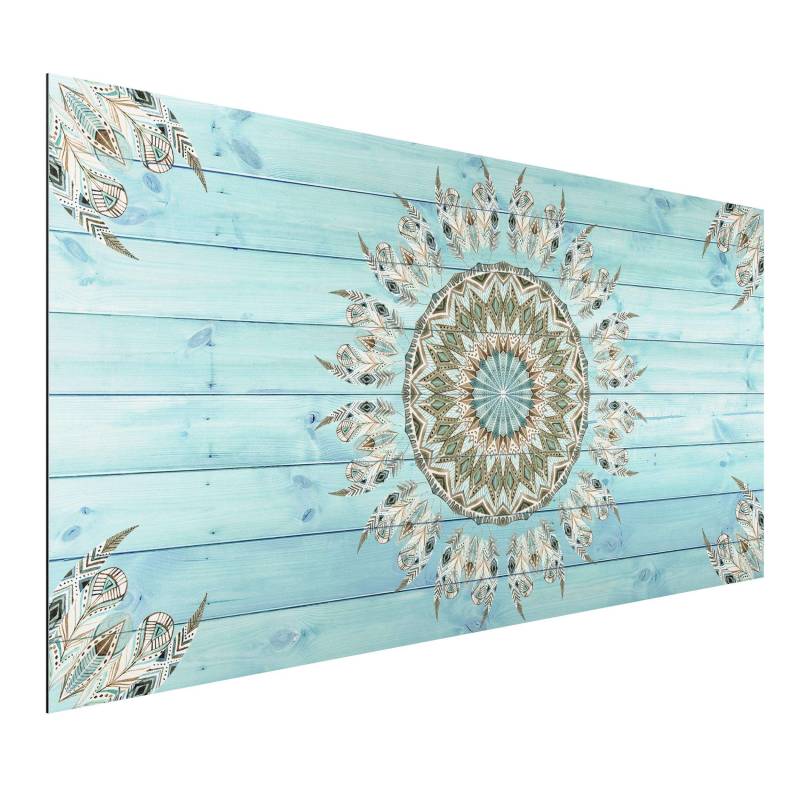 Alu-Dibond Outdoor Bild Mandala Aquarell Federn blau grün auf Planke