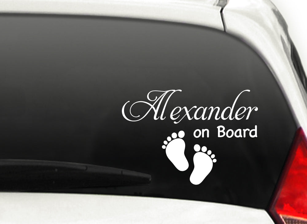 Autoaufkleber Baby on Board + Wunschname und Fußabdrücke X7102