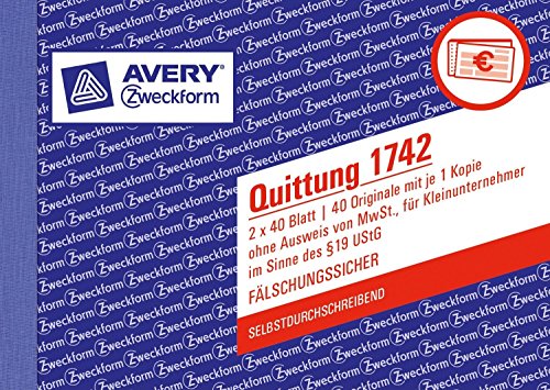 Avery Zweckform 1742 Quittung Kleinunternehmer, DIN A6, selbstdurchschreibend, 2 x 40 Blatt, weiß (5er Spar-Pack) von AVERY Zweckform