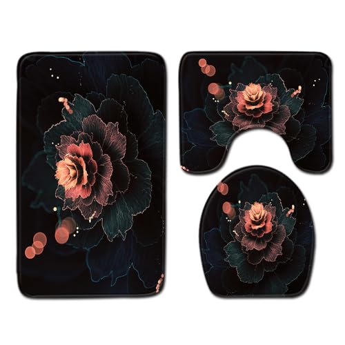 Bad Teppiche Set 3-Teiliges Dunkelgrüne Blume WC Vorleger Mit Ausschnitt Badematte Saugfähig WC Deckelbezug Badvorleger rutschfest Waschbar Toilettensitzbezug Badgarnitur (45x75cm)