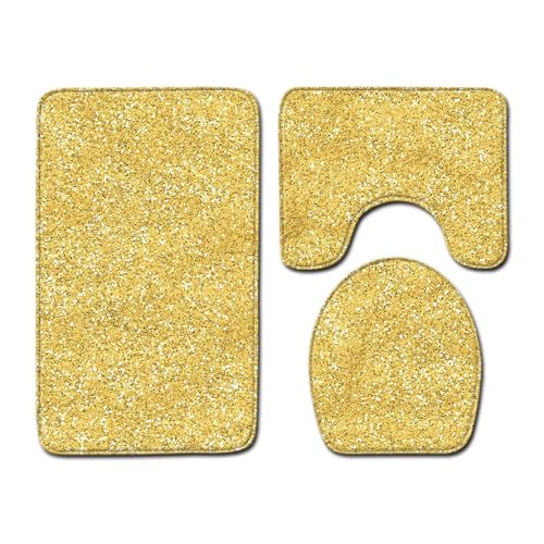 Bad Teppiche Set 3-Teiliges Goldene Abstraktion WC Vorleger Mit Ausschnitt Badematte Saugfähig WC Deckelbezug Badvorleger rutschfest Waschbar Toilettensitzbezug Badgarnitur (45x75cm)