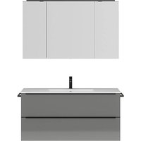 Bad Waschplatz Set mit Spiegelschrank in Hochglanz grau, 1 Handtuchhalter, Griffleisten schwarz, PALERMO-136-GREY, B/H/T ca. 126/169,1/48,7 cm