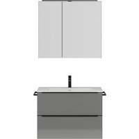 Bad Waschplatz Set mit Spiegelschrank in Hochglanz grau, 1 Handtuchhalter, Griffleisten schwarz, PALERMO-136-GREY, B/H/T ca. 86/169,1/48,7 cm