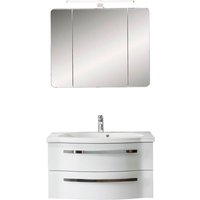 Badezimmer Einzel-Waschplatz FES-4005-66 in Hochglanz Lack Polarweiß, Spiegelschrank mit LED - B/H/T: 92/200/49,6cm
