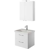 Badezimmer Einzelwaschplatz Set in weiß Glanz mit Keramik Waschbecken und Aufsatzleuchte VILLATORO-66, B/H/T ca. 60/200/45 cm