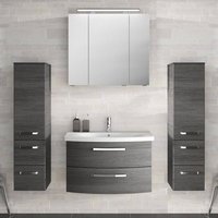 Badezimmer Komplett-Set mit 80cm Keramik Waschtisch, Spiegelschrank inkl. LED & 2 Midischränken FES-4010-66 in Graphit Struktur