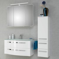 Badezimmer Möbel Set FES-4005-66 Waschtisch gerundet mit Glasbecken, Hochglanz weiß - B/H/T: 137/200/49,1cm