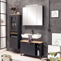 Badezimmer Set 3-teilig mit Waschbeckenunterschrank schwarz matt mit Eiche MASON-80, inkl. Spiegelschrank, Hochschrank