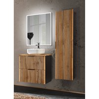 Badezimmer Set mit Hochschrank, Waschtisch 60 cm schwarz gerillt, Spiegel XANTEN-56 in anthrazit mit Eiche Nb., B/H/T: 110/200/46,5 cm