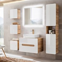 Badezimmer Set mit Keramik Waschbecken LUTON-56 in Hochglanz weiß mit Wotan Eiche Nb. B/H/T ca. 180/200/46 cm