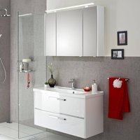 Badezimmer-Waschplatz FES-3050-66 Unterschrank in Hochglanz weiß mit Keramikbecken und LED - B/H/T: 105/200/43cm