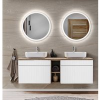 Badezimmer Waschplatz in weiß matt mit Vintage Eiche Nb. IRAKLIO-56 Doppelwaschbecken mit Unterschrank, 2 LED Spiegel, B/H/T: ca. 140,4/200/46 cm