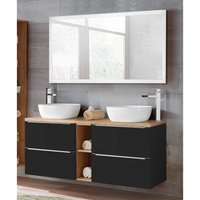 Badezimmer Waschtisch & LED-Spiegel Set TOSKANA-BLACK-56 in seidenmatt anthrazit., mit 2 Keramik-Aufsatzbecken, BxHxT ca. 140/190/46cm