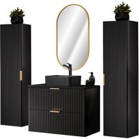 Badezimmer komplett Set, mit 2 Hochschränken, Keramik Waschbecken und ovalem LED Spiegel, schwarz matt gerillt, ADELAIDE-56-BLACK, B/H/T ca. 180/200/46,5 cm