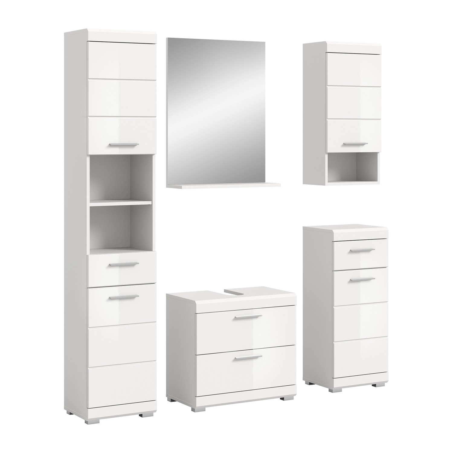 Badkombination 5-teilig mit Spiegel 164 x 191 x 34 cm Front Weiß Hochglanz FSC®