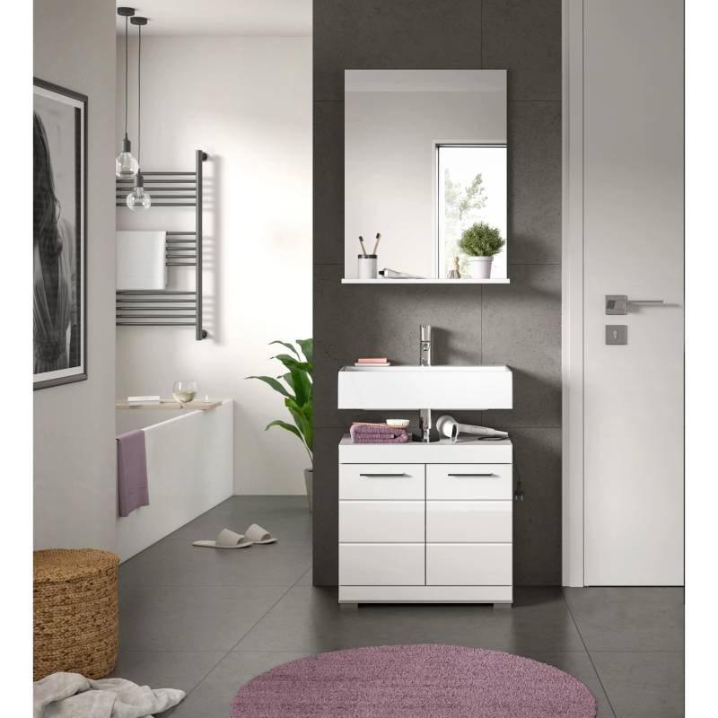 Badkombination mit Spiegel 60 cm x 191 cm x 34 cm Front Weiß Hochglanz FSC®