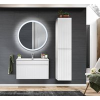 Badmöbel Set IRAKLIO-56 in weiß matt, 80cm Waschtischunterschrank mit Keramik Waschbecken, LED Spiegel und Hochschrank, B/H/T: ca. 135/200/46 cm