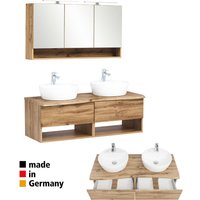 Badmöbel Waschplatz Set in Wotan Eiche Nb. KAHLA-03 Keramik Waschbecken und LED Spiegelschrank, B/H/T: ca. 121/200/52 cm