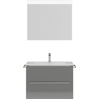 Badmöbel Waschplatz Set mit Spiegel, LED Beleuchtung, 1 seitl. Handtuchhalter, Griffleisten edelstahlfarben, Hochglanz grau, PALERMO-136-GREY, B/H/T ca. 86/169,1/48,7 cm