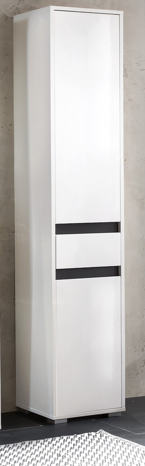 Badezimmer Hochschrank "SOL" in weiß Hochglanz lackiert und grau Badschrank 35 x 191 cm