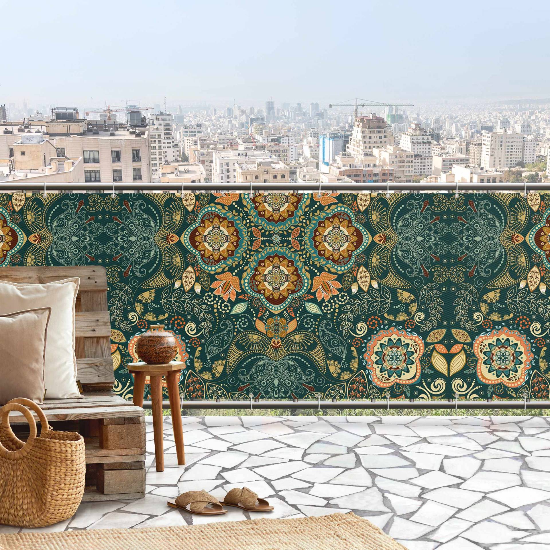 Balkon Sichtschutz Detailliertes Boho Muster in Grün