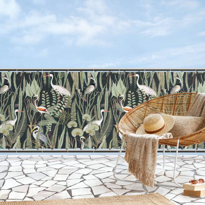 Balkon Sichtschutz Flamingos und Störche mit Pflanzen auf Grün