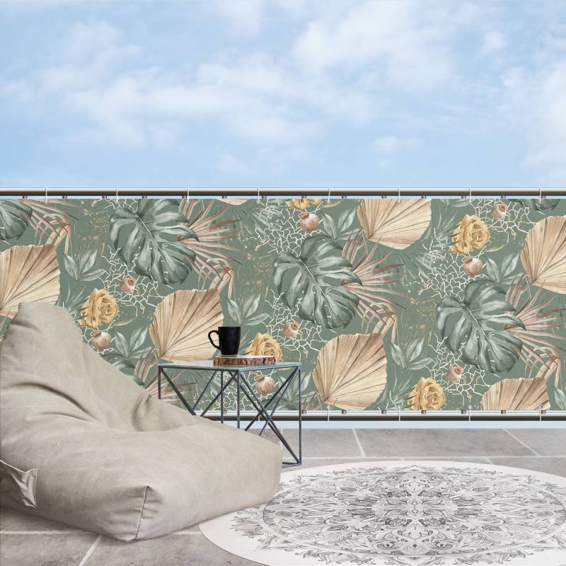 Balkon Sichtschutz Große Blätter mit Rosen vor Grün