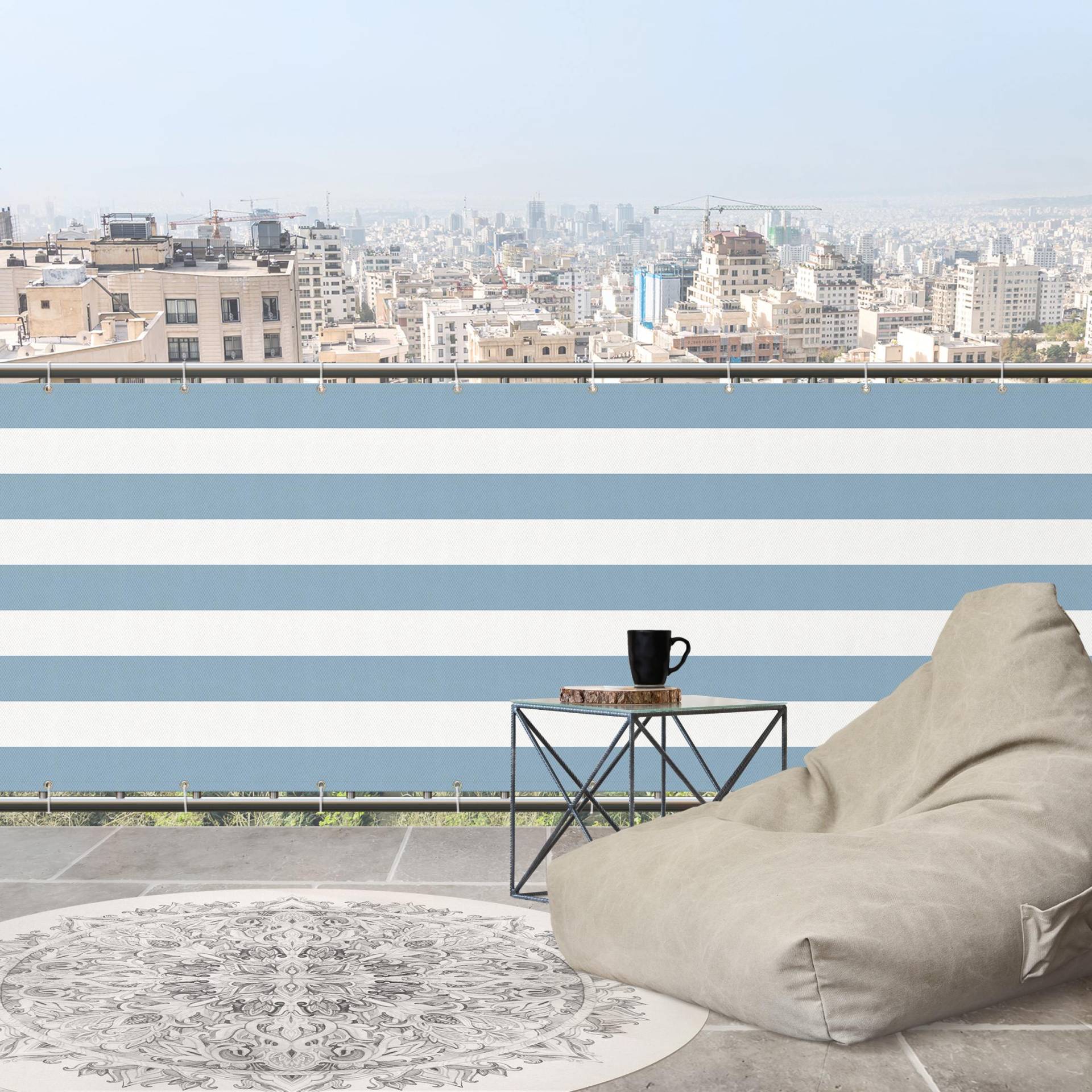 Balkon Sichtschutz Querstreifen in Pastell Blau