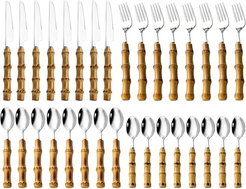 Sobeta Besteck Set Geschirr Set Edelstahl Rein Natürlicher Bambus Griff Besteck Set Geschirr Set 32 Teilig Silber von Sobeta