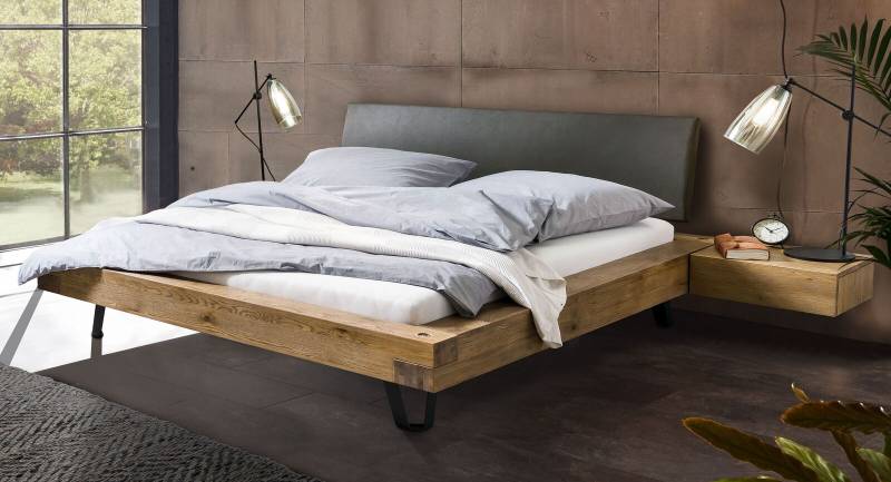 Bett in Balkenoptik 140x200 cm aus Wildeiche mit Kunstleder - Anes